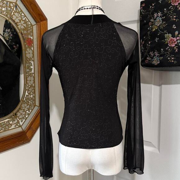 VTG Y2K Hani Black Sparkly Swirl Pattern Beaded Faux Wrap Bell Sleeve Whimsy Top - Picture 5 of 8